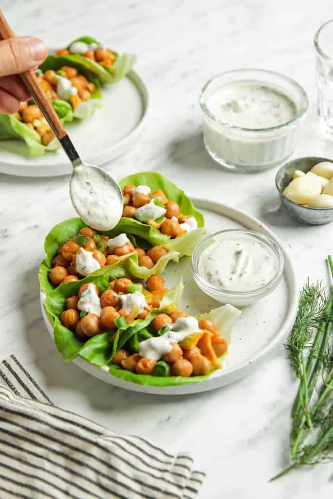 Vegan Lettuce Wraps with Buffalo Chickpeas served with vegan ranch dressing