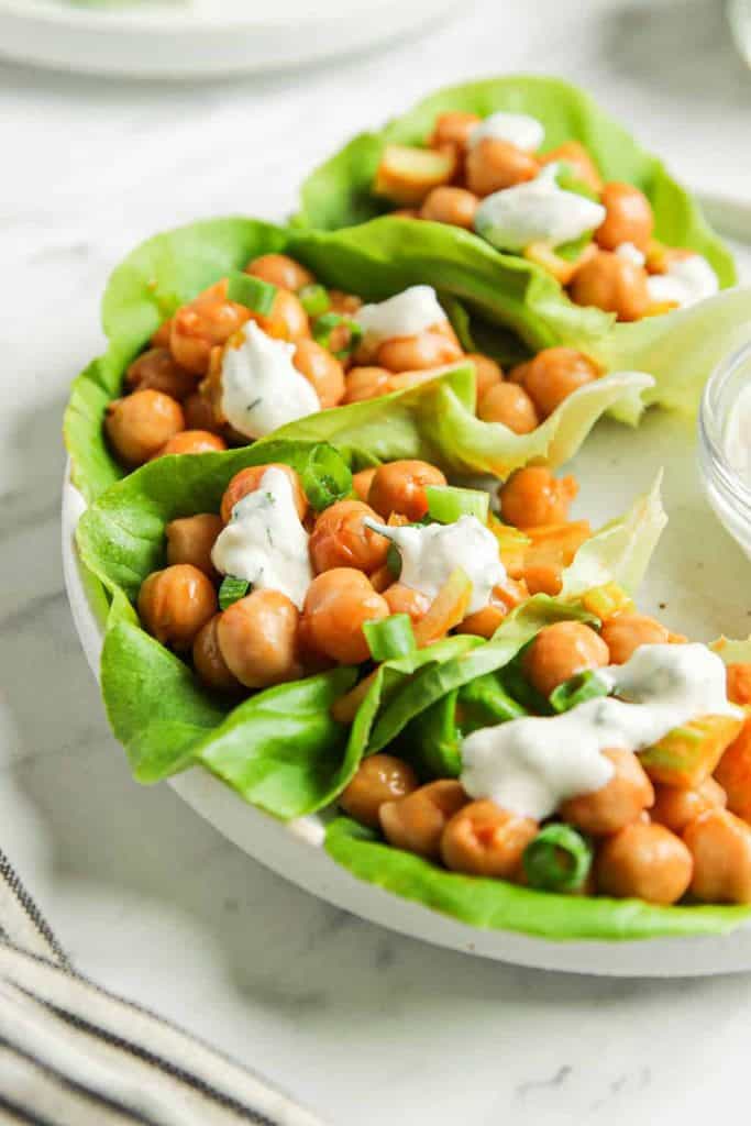 Vegan Lettuce Wraps with Buffalo Chickpeas and vegan ranch