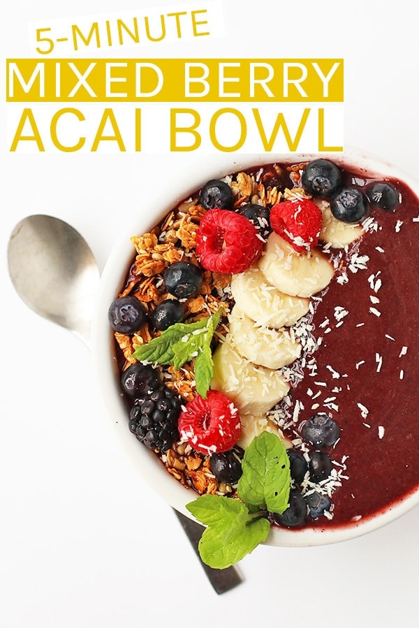 Start your day off right with this Mixed Berry Acai Bowl filled with fruits, superfoods, and the best vitamins and minerals. Made in just 5 minutes for a quick, wholesome, and delicious breakfast. #vegan #smoothie #smoothiebowl #acai #acaibowl #superfoods