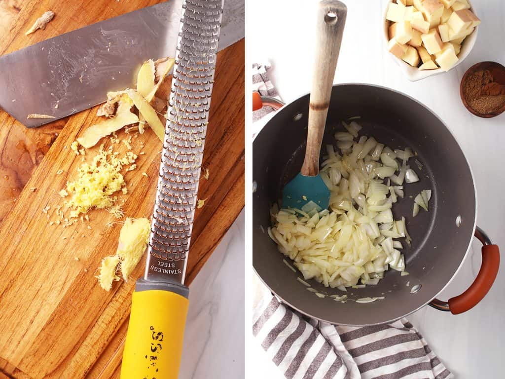 side by side images of a microplane grating ginger on the left, and onions sautéing in a dutch oven on the right