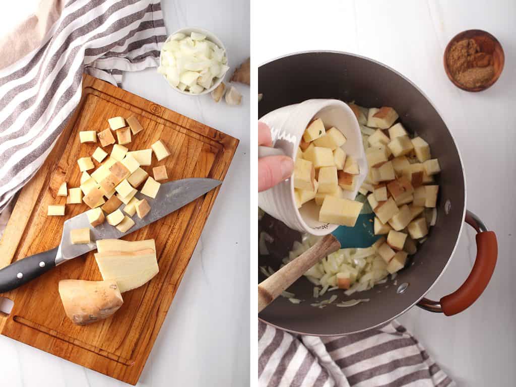 side by side images of sweet potatoes being diced on a wooden cutting board on the left, and a hand adding sweet potato cubes to the dutch oven on the right