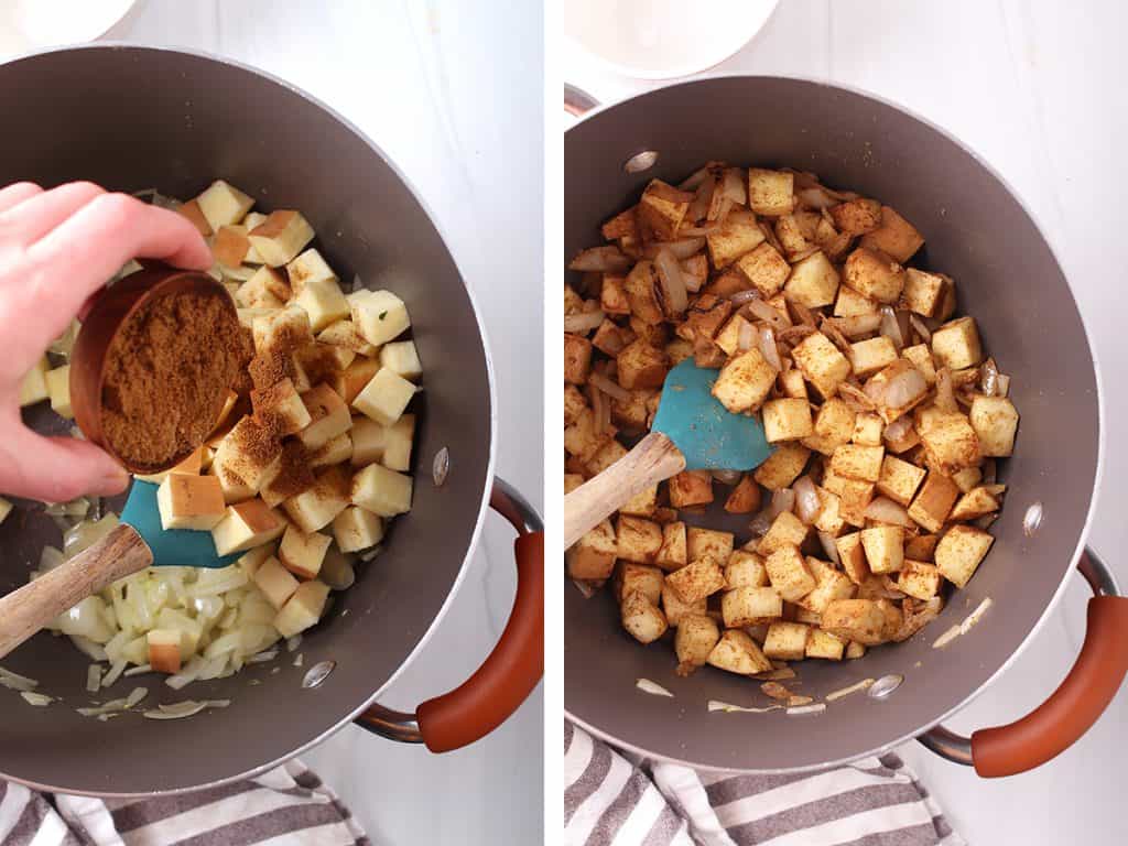 side by side images of hand adding spice mix to dutch oven on the left, and sweet potatoes and onions coated with spice mix on the right