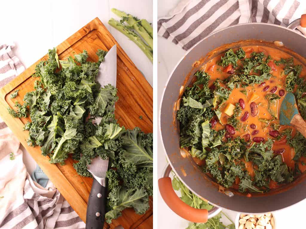 side by side images of kale being prepped on a wooden cutting board on the left, and kale and beans added to the peanut stew on the right