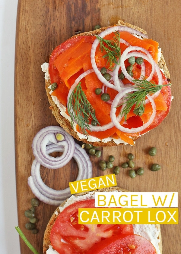 This vegan lox sandwich is made with roasted and marinated carrots, cream cheese, capers, and fresh dill for a delicious breakfast sandwich. #vegan #veganlox #veganbreakfast #veganrecipes