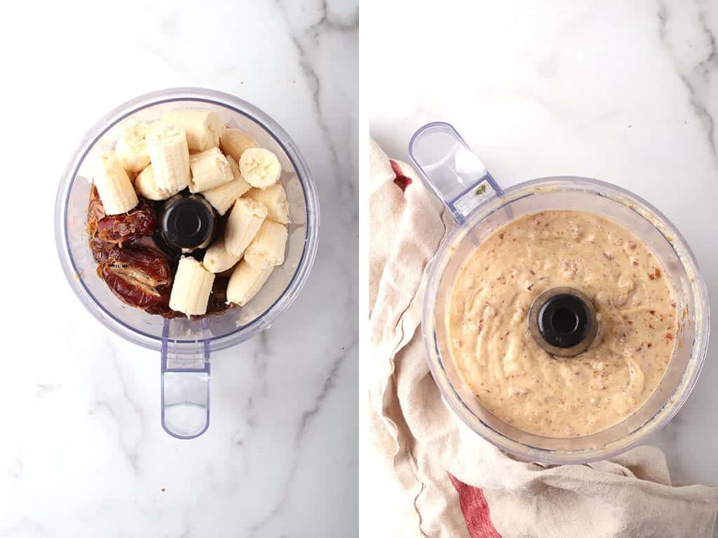 Dates, bananas, and applesauce blended in a food processor