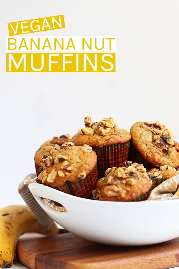 Start your morning off right with these deliciously spiced, walnut filled, and perfectly flavored vegan Banana Nut Muffins. Get your house smelling heavenly in just 30 minutes.  #vegan #veganrecipes #muffins #banana #veganbreakfast