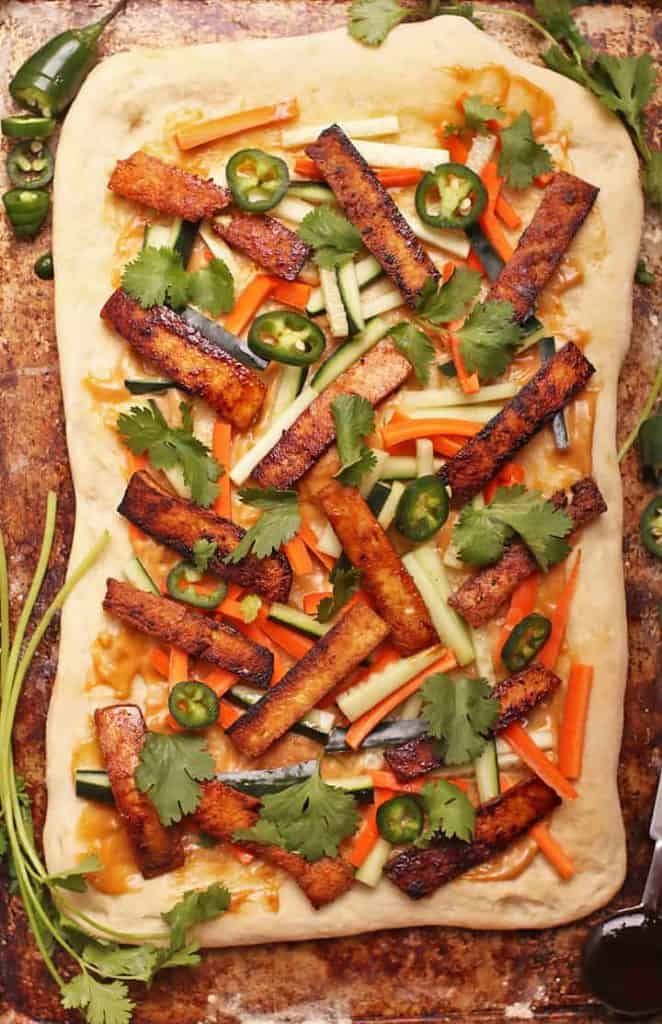 Vegan Banh mi Pizza on baking sheet
