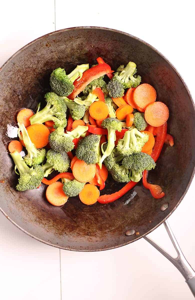 Broccoli, Carrots, and Peppers in a fry pan
