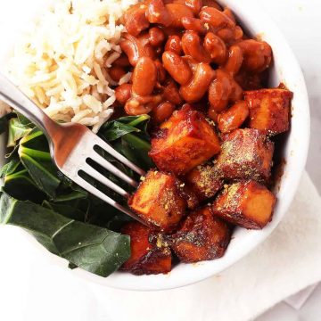 BBQ tofu with Swiss chard and beans