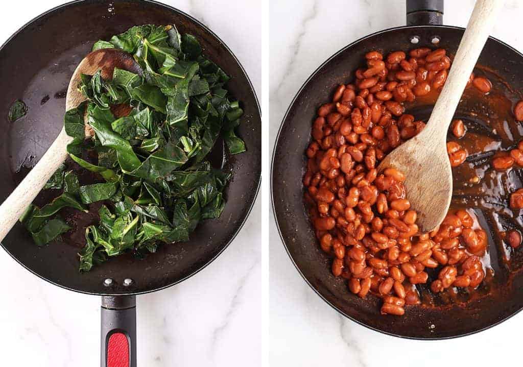 Swiss chard and pinto beans in a skillet