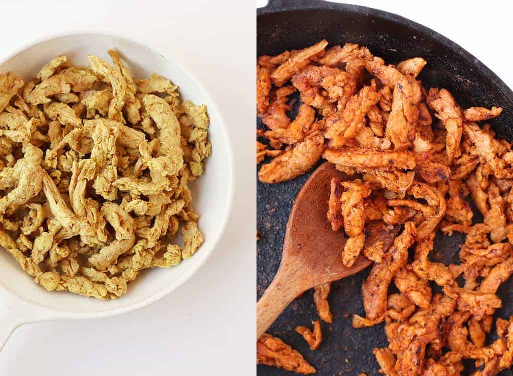 Sautéed soy curls in a cast iron skillet