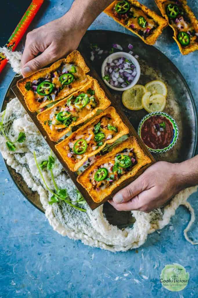 Instant Pot Black Bean Taco Boats on a round metal platter