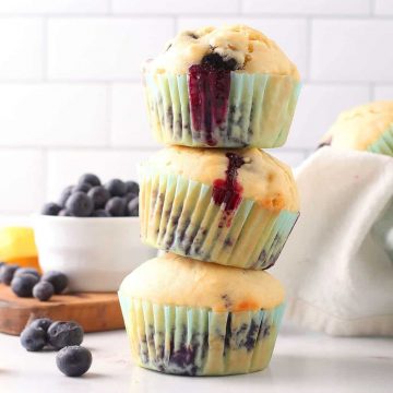 Stack of three vegan blueberry muffins
