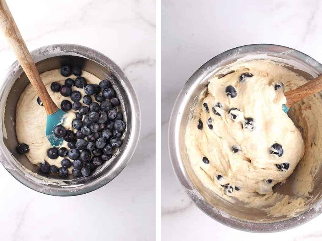 Blueberry muffin batter in metal bowl
