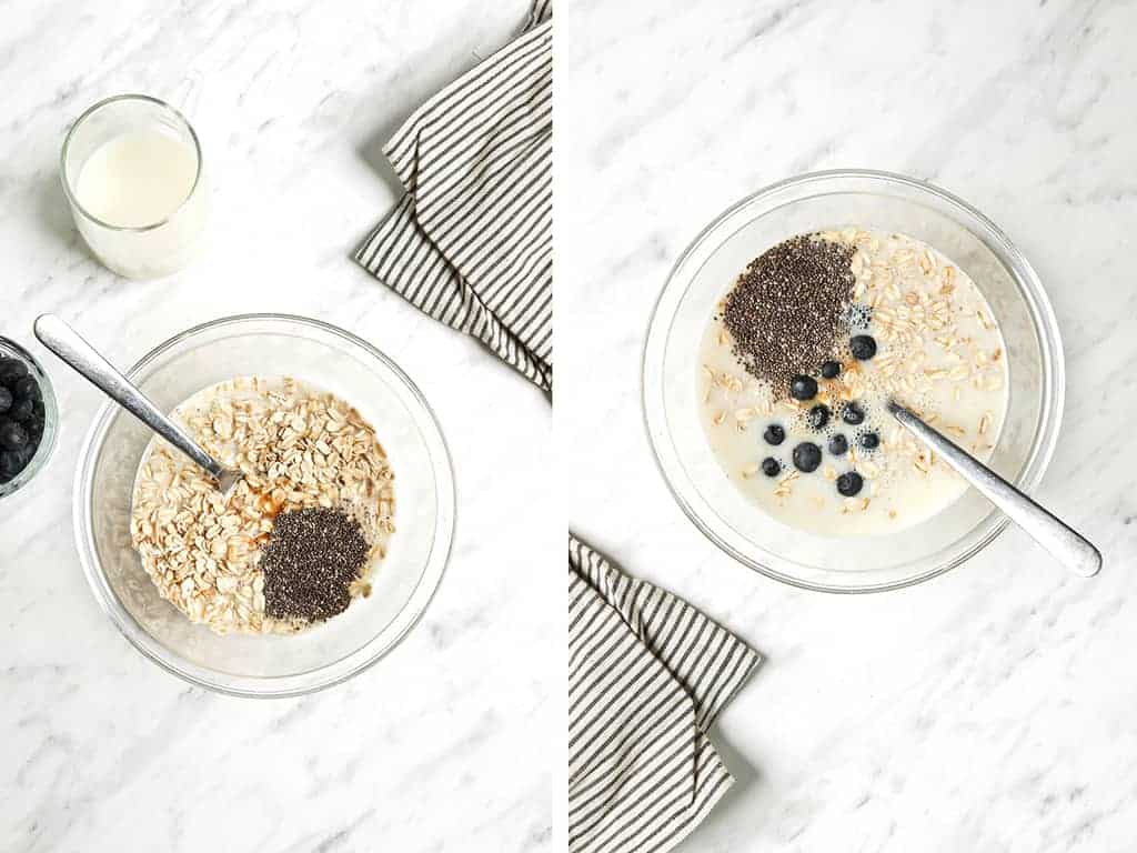Oats, chia seeds, and almond milk mixed together in a clear glass bowl with a fork. 