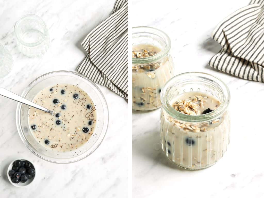 Overnight oats poured into glass oat jars and topped with blueberries.