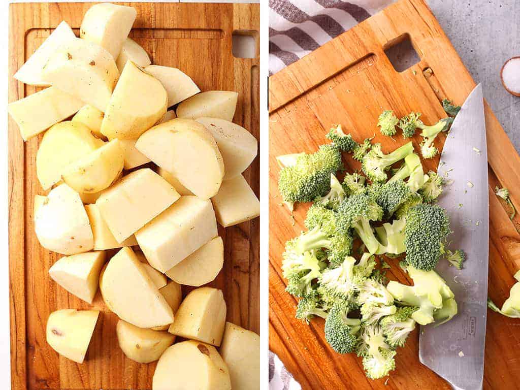 Chopped potatoes and broccoli on a cutting board