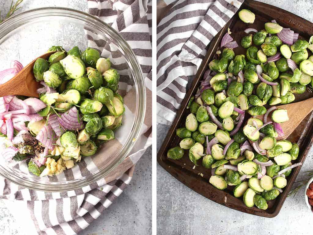 Raw Brussels sprouts and onions spread evenly on a baking sheet