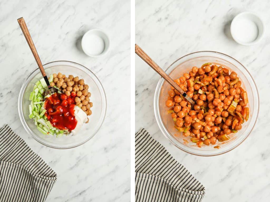 Vegan buffalo chickpeas with vegan mayonnaise and celery in a small bowl with a spoon