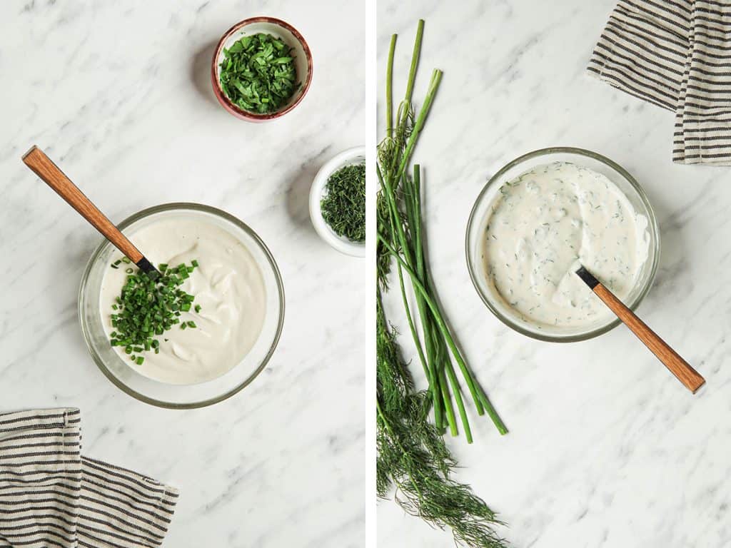 Vegan ranch dressing with chopped dill, chives and parsley
