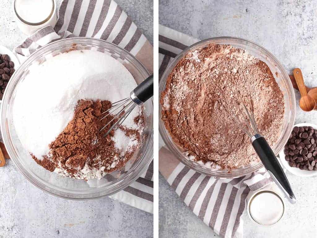 Flour, sugar, and cocoa powder in a large glass bowl