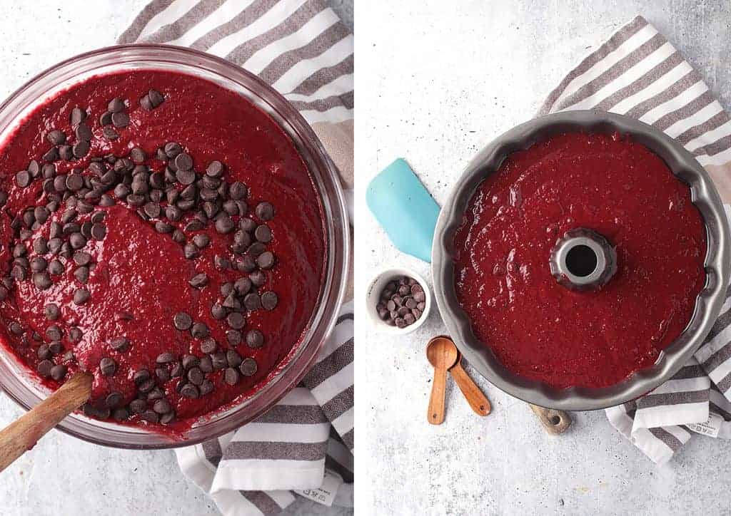 Bundt cake batter in a bundt pan