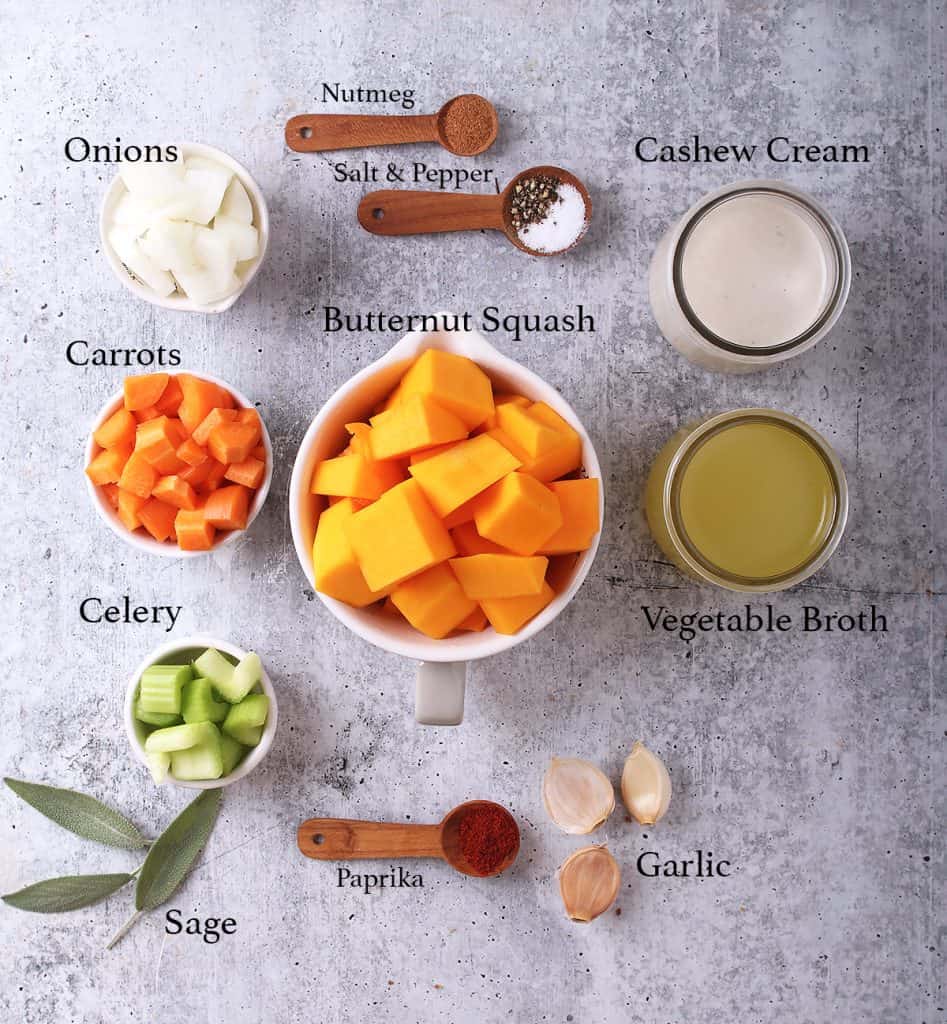 Ingredients for butternut squash soup on a concrete countertop