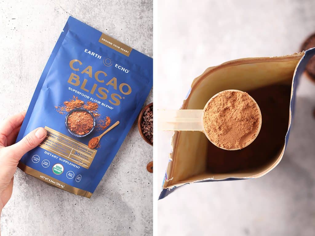 side by side images of a hand holding a bag of cacao bliss on the left, and a small plastic scoop of cacao bliss on the right