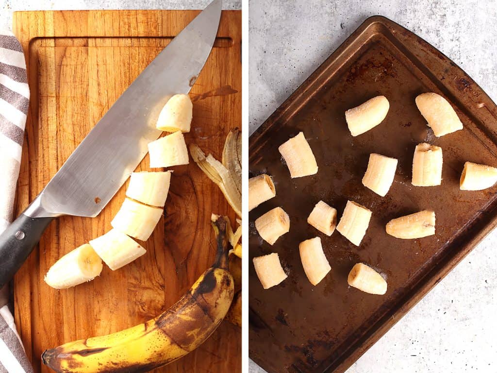 side by side images of a chef's knife next to sliced banana on a wooden cutting board on the left, and banana slices on a cookie sheet for freezing on the right