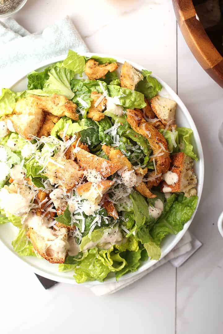 Vegan Chicken Caesar Salad on white plate