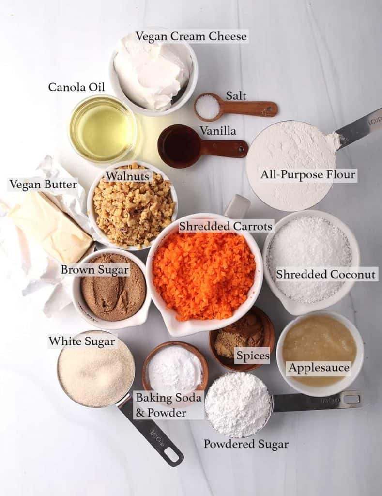 mise en place for vegan carrot cake with cream cheese frosting recipe