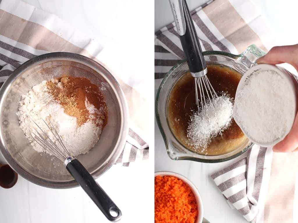 side by side images of dry ingredients being whisked together on the left, and dry ingredients being added to the carrot cake batter on the right