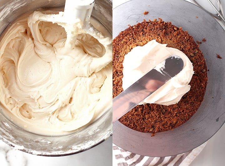 side by side images of vegan cream cheese frosting in a stand mixer on the left, and an offset spatula icing the carrot cake on the right