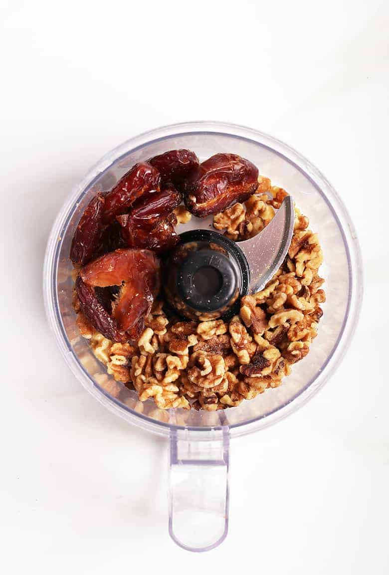Dates and walnuts in a food processor