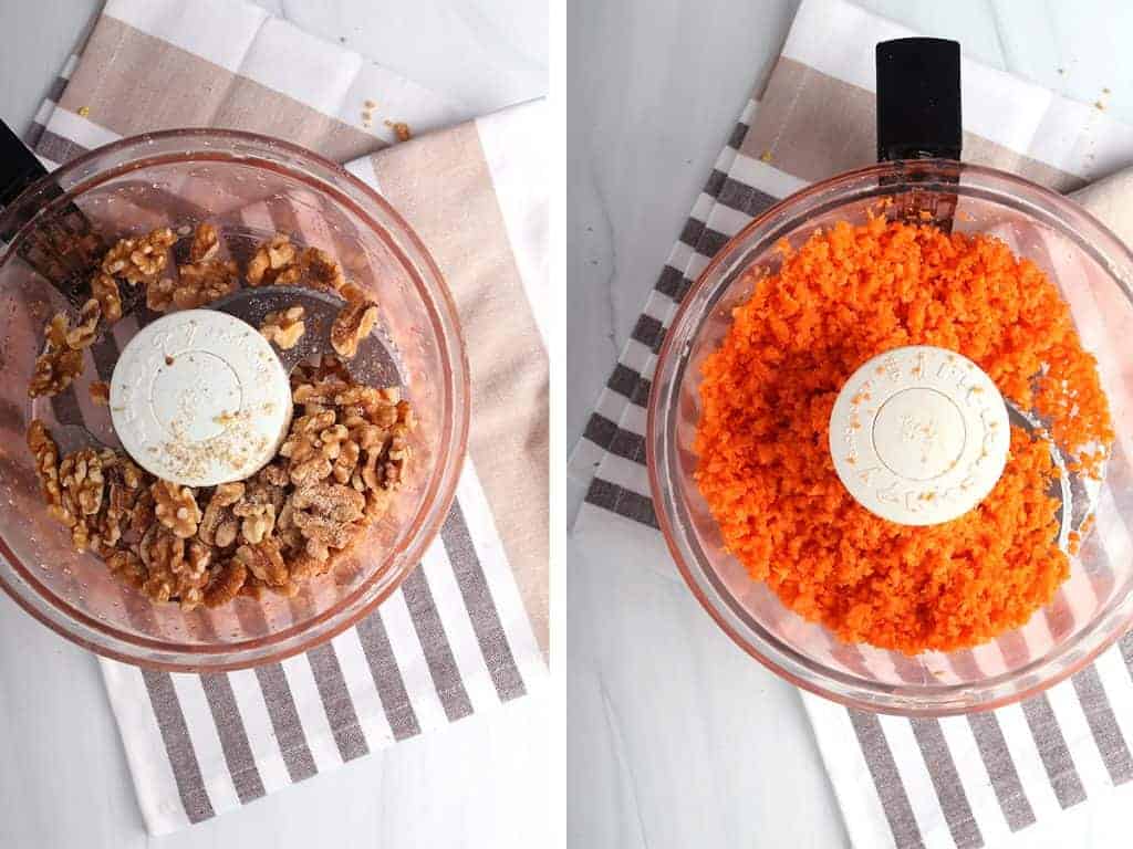 side by side images of walnuts in a food processor bowl on the left, and shredded carrots in a food processor bowl on the right