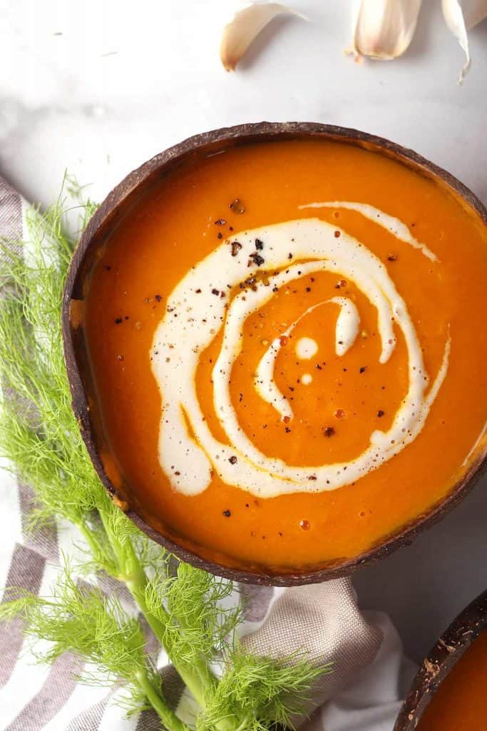 Bowl of Vegan Carrot Soup with cashew cream