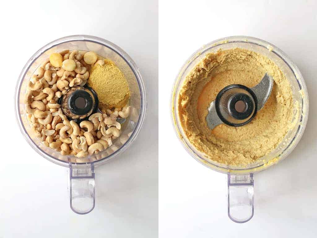 Cashews, nutritional yeast, and garlic in a food processor
