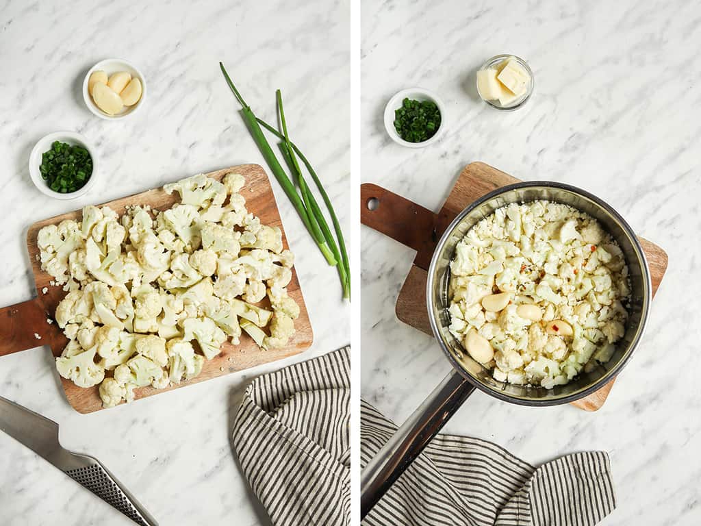 Left: chopped cauliflower on a wooden cutting board. Right: Chopped cauliflower and garlic cloves in a small sauce pot. 