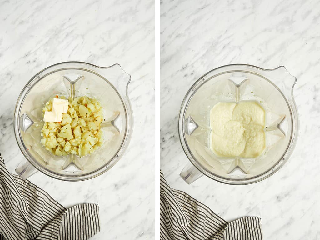 Side by side images of cauliflower and garlic in a blender. Left: unblended. Right: Blended and smooth. 