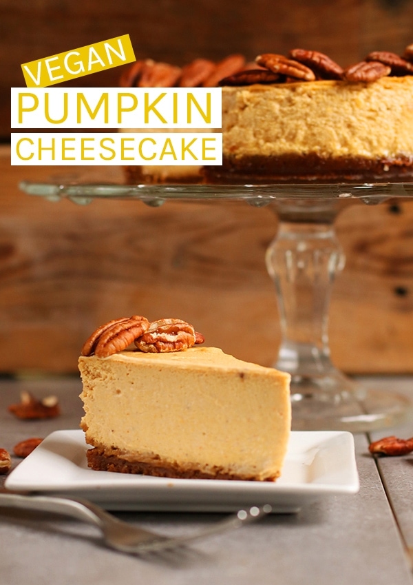 Rich and creamy vegan Pumpkin Cheesecake made with a gingersnap crust and topped with toasted pecans for the perfect vegan Thanksgiving dessert. #vegan #vegancheesecake #veganthanksgiving #pumpkinrecipes #pumpkin