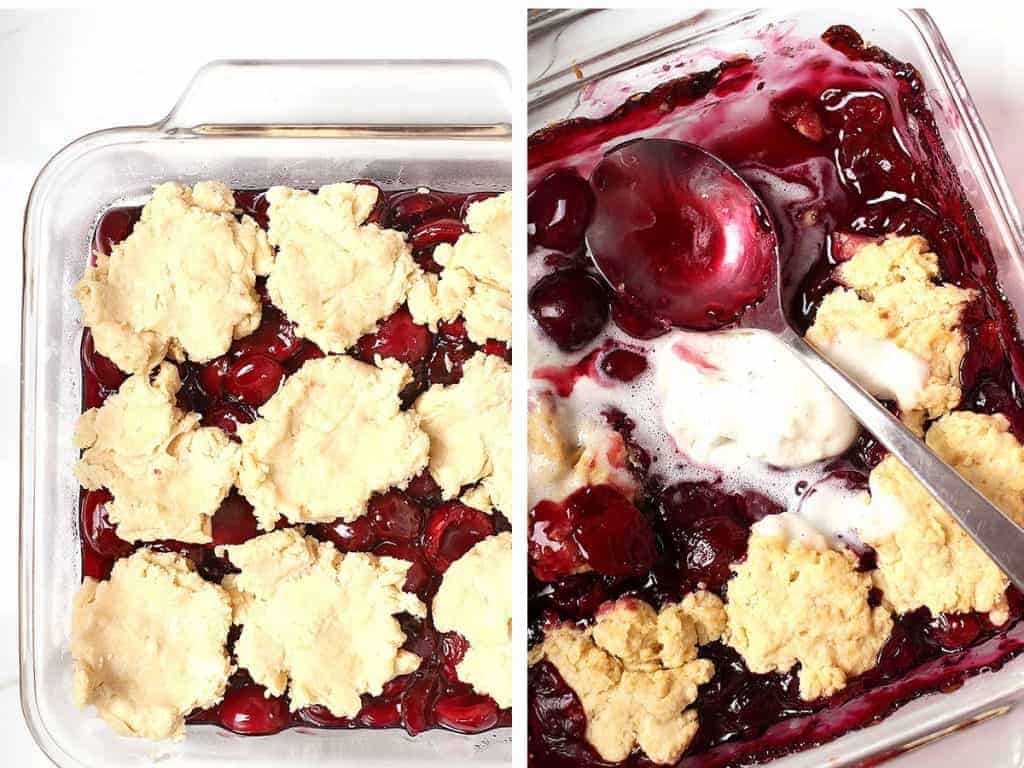 Unbaked cherry cobbler in a casserole dish
