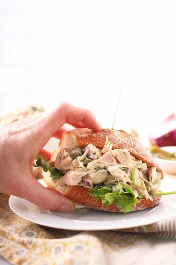 Vegan chicken salad sandwich on baguette