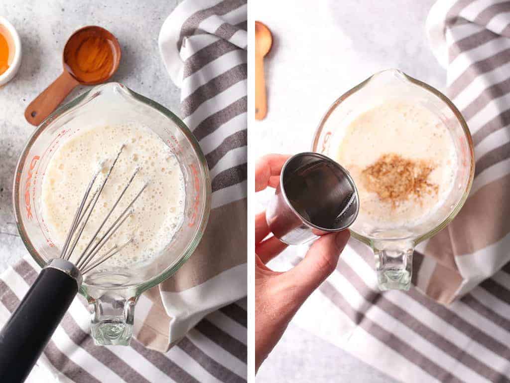 side by side images of Vegan buttermilk in a liquid measuring cup on the left, and adding vanilla to it on the right