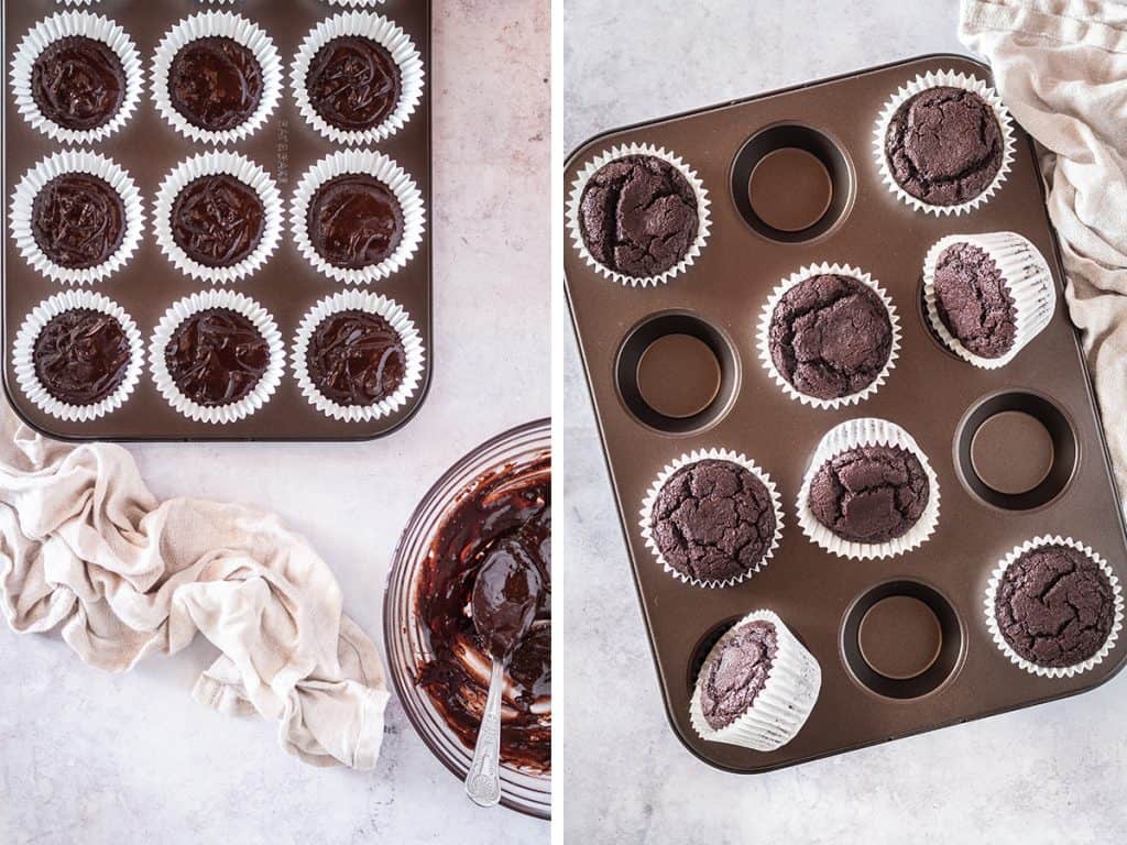 Left, unbaked chocolate cupcake batter in muffin tin. Right, baked cupcakes resting on the muffin tin. 