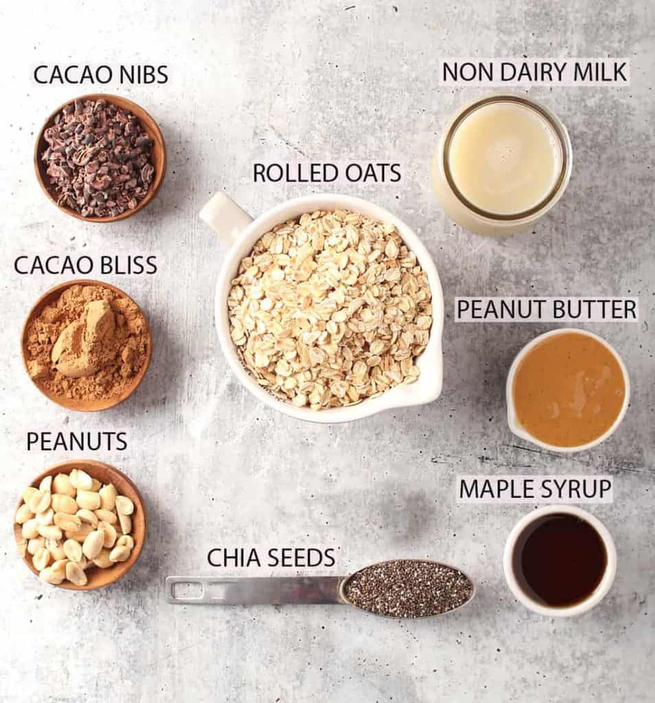 ingredients laid out on a grey table for making chocolate peanut butter overnight oats recipe