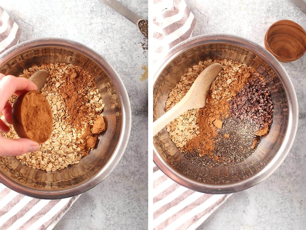 side by side images of hand shaking in cacao bliss into a bowl of oats on the left, and a silver mixing bowl with all of the dry ingredients for overnight oats on the right