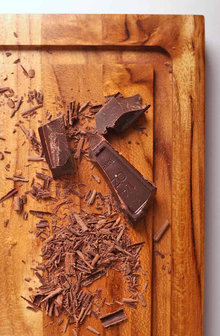 Chocolate shaving on a wooden board