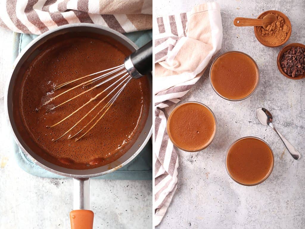 side by side images of a whisk in a saucepan of vegan chocolate pudding on the left, and three cups of healthy chocolate pudding on a grey table on the right