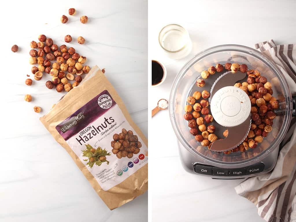 Left: Oregon hazelnuts spilling out of a bag. Right: raw hazelnuts in a food processor. 