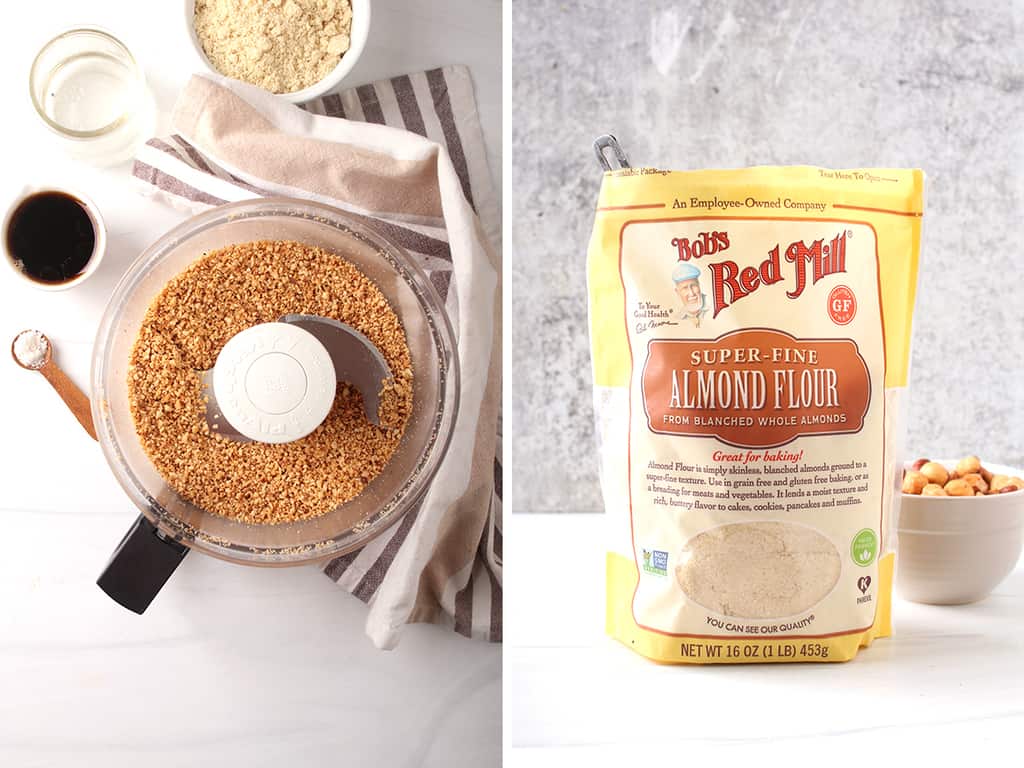 Left: Hazelnuts processed into small pieces in a food processor. Right: a bag of Bob's Red Mill Almond Flour